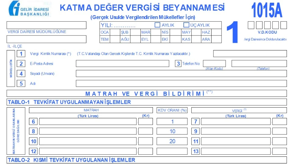 KDV Beyannamesi Boş Örnek